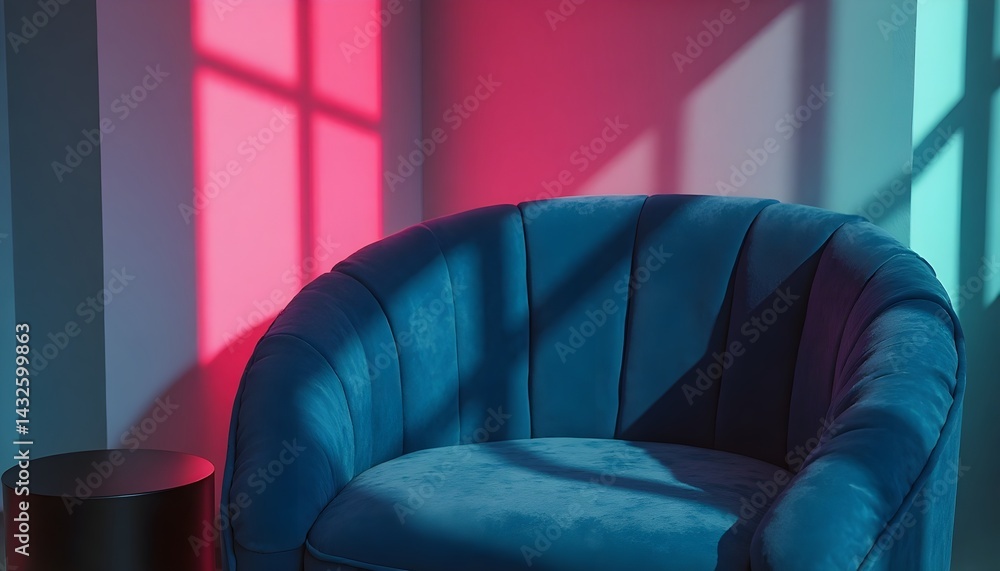 Teal velvet armchair in a room with pink and teal lighting. The light casts shadows on the chair's pleated design.