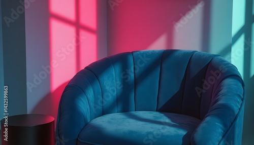 Obraz na płótnie Teal velvet armchair in a room with pink and teal lighting. The light casts shadows on the chair's pleated design. w salonie