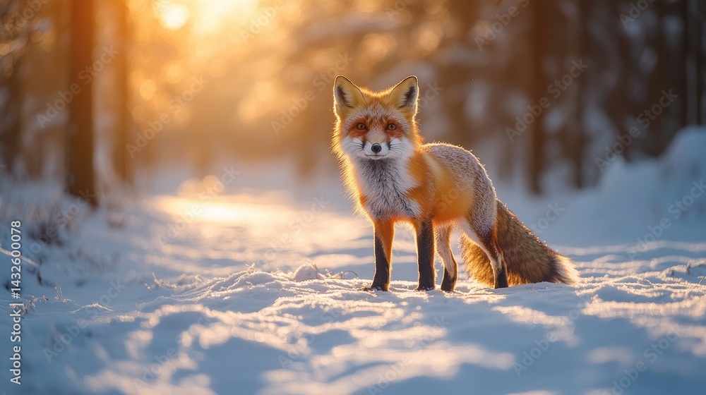 Fototapeta premium Snowy winter forest path with a red fox, captured during sunrise.