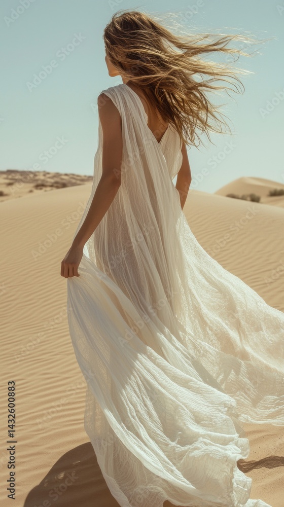 A woman in a white dress is walking in the desert A woman in a white dress is walking in the desert
