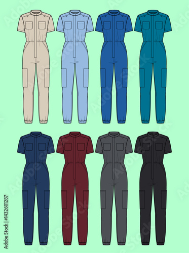 Ladies medical scrub jumpsuit colour bundle technical drawing fashion flat sketch vector illustration template front and back views outline CAD mockup