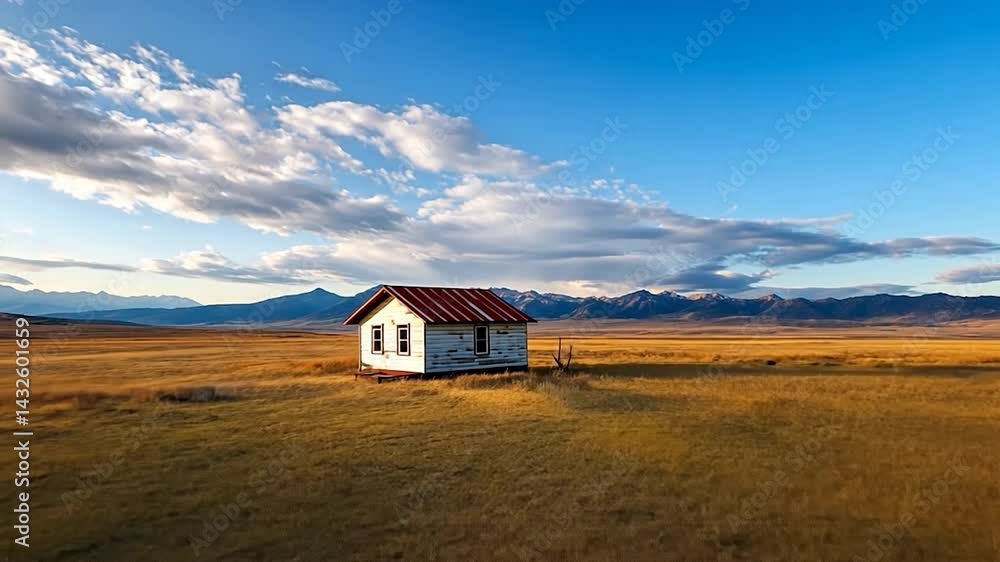 An old weathered white house with a red roof stands in a vast golden field under a bright blue sky with fluffy clouds and mountains in the distance An old weathered white house with a red roof stands in a vast golden field under a bright blue sky with fluffy clouds and mountains in the distance