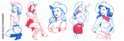 A set of vintage retro pin up style woman wearing western cowboy costume. line art illustration style