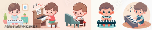 vector character of a little boy playing the piano