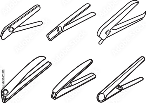set of hair straightener line art, black outline, vector and illustration, coloring book page line art drawing