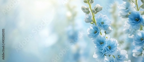 Blooming blue delphinium branch sparkles against a soft bokeh backdrop