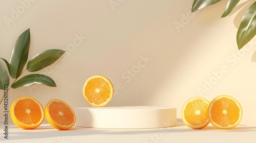 Summer mockup concept for product presentation. Empty podium and orange fruits on beige background. 3d rendering illustration