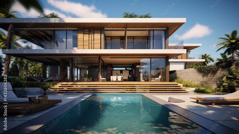 Fototapeta premium Modern Villa with Swimming Pool and Tropical Landscape