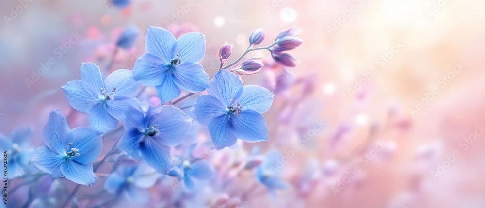 Blue flowers blooming in pink and light filled blurred background Blue flowers blooming in pink and light filled blurred background