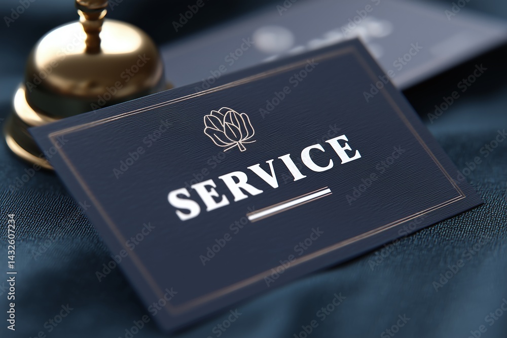 Close up of a service card on a dark surface with a bell in the background. The card reads service concept for hospitality industry or hotel services. Close up of a service card on a dark surface with a bell in the background. The card reads service concept for hospitality industry or hotel services.