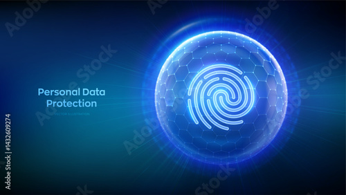 Personal data protection. Biometrics identification. Cyber security. Password control. Fingerprint icon inside transparent sphere shield with hexagon pattern on blue background. Vector illustration.