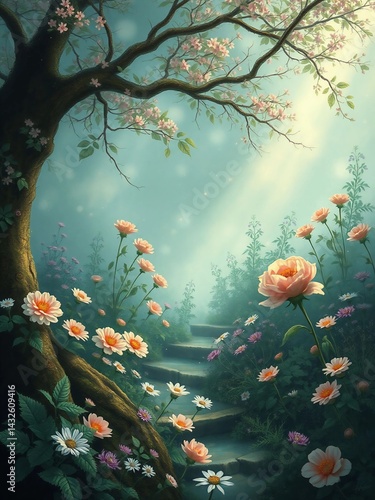 Enchanted Garden Path Illuminated by Soft Sunlight