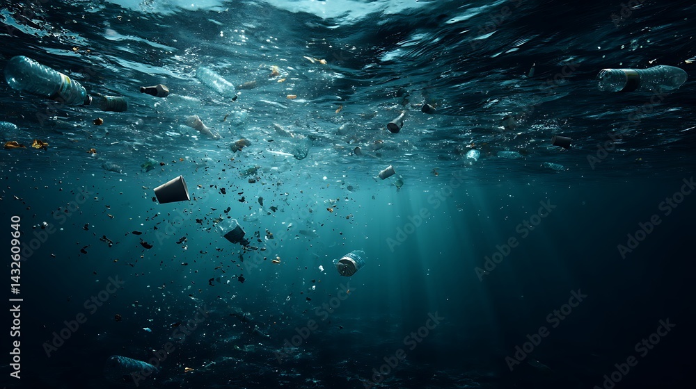 Fototapeta premium Plastic pollution floating underwater, harming the ocean environment
