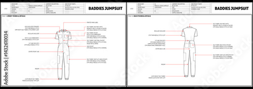 Ladies medical scrub jumpsuit technical drawing fashion tech pack vector illustration template front and back views outline CAD mockup