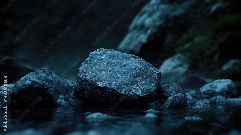 Fototapeta premium Dark, serene rock formations by a stream