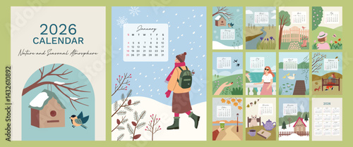 Illustrated Calendar 2026 with hand drawn scenes inspired by nature and seasons. Week start fron Sunday. Set of 12 months, cover and one sheet of the 2026 year. Template for A4 A3 A5 size