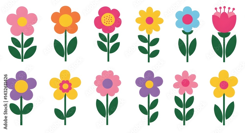 Twelve cheerful retro flowers in bright, bold colors. Perfect for adding a pop of color to any project!