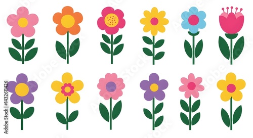 Obraz na płótnie Twelve cheerful retro flowers in bright, bold colors. Perfect for adding a pop of color to any project! w salonie