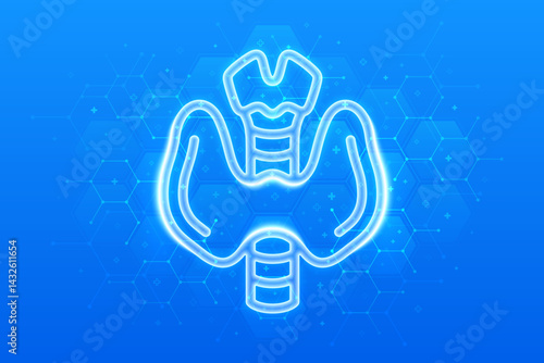 Thyroid gland icon. Thyroid health care. Awareness of Endocrine diseases hyperthyroidism, hypothyroidism. Endocrinology. Molecular structure. Blue medical background with hexagons. Vector illustration