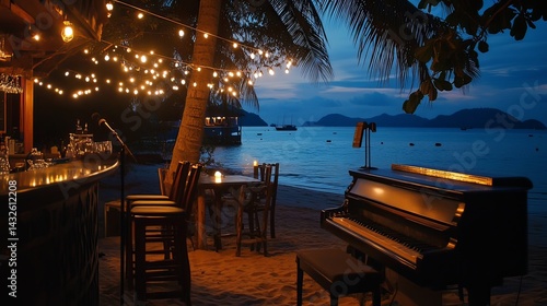 Evening piano performance by the beach seaside bar ambient lighting tropical paradise relaxed atmosphere