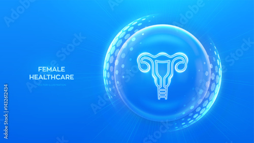 Female healthcare, reproductive services and fertility. Woman health and gynecology concept. Female reproductive system icon inside protection sphere shield with hexagon pattern. Vector illustration.