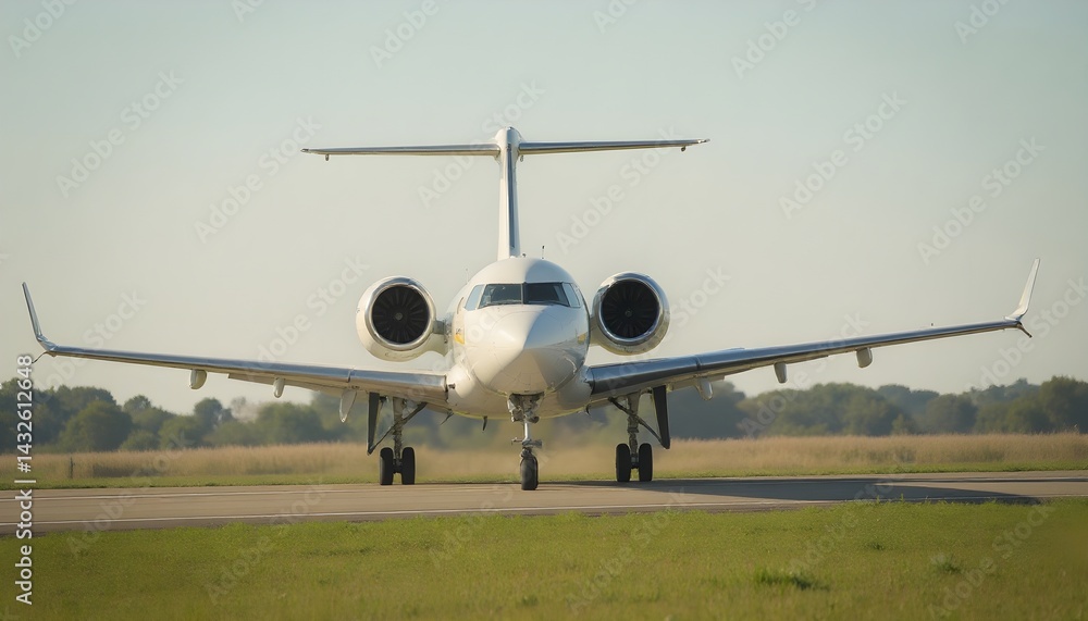 A sleek, white private jet taxis on the runway, ready for takeoff. The aircraft is viewed head-on against a clear sky, exuding an air of luxury and adventure.
