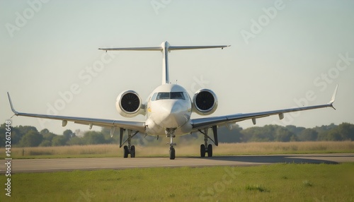 Obraz na płótnie A sleek, white private jet taxis on the runway, ready for takeoff. The aircraft is viewed head-on against a clear sky, exuding an air of luxury and adventure. w salonie