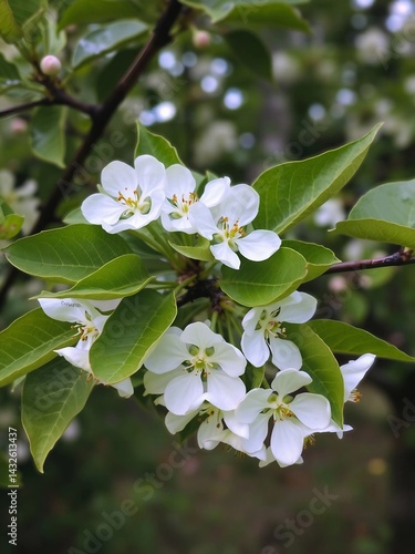 Cluster of White Blossoms Surrounded by Lush Green Leaves