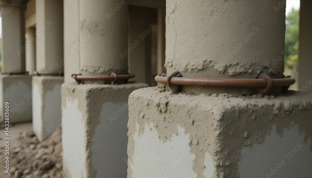 Close-up view of beige concrete pillars with textured surfaces and copper bands. The scene evokes a sense of construction or architecture.
