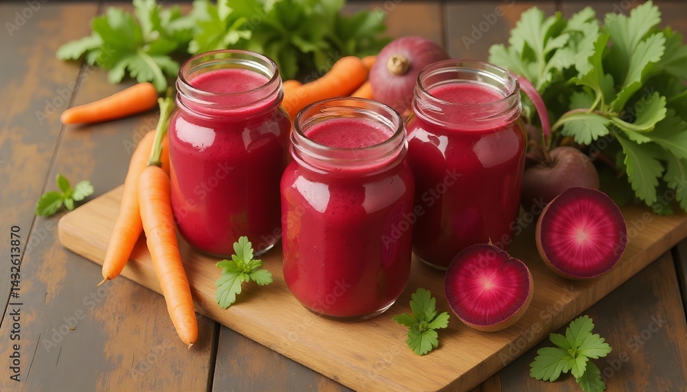 Three mason jars filled with vibrant red beet and carrot smoothie. Healthy and refreshing!