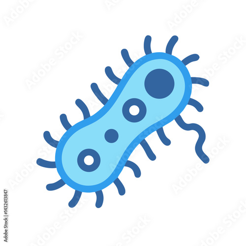 Stylized blue bacterium with flagella and round organelles