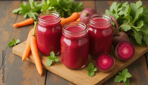 Obraz na płótnie Three mason jars filled with vibrant red beet and carrot smoothie. Healthy and refreshing! w salonie