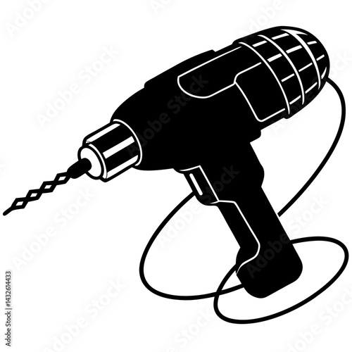 Vector silhouette of a drill with a cylindrical body and a rotating bit, sleek lines