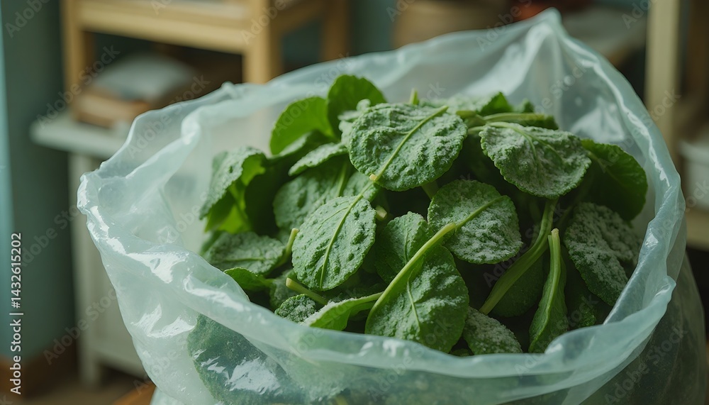 Freshly harvested green leafy vegetables, possibly spinach or kale, are gently placed inside a clear plastic bag.
