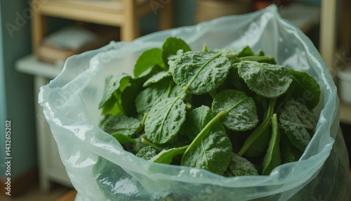 Freshly harvested green leafy vegetables, possibly spinach or kale, are gently placed inside a clear plastic bag.
