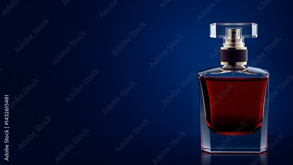 Luxurious dark red perfume bottle against a deep blue background. A sophisticated fragrance.