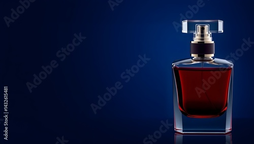 Obraz na płótnie Luxurious dark red perfume bottle against a deep blue background. A sophisticated fragrance. w salonie