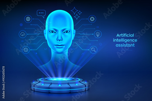 AI chatbot. AI assistant. AI agent. Holographic platform with glowing rays forming a projection of a cyborg woman head. Technology concept of artificial intelligence, automation. Vector illustration.