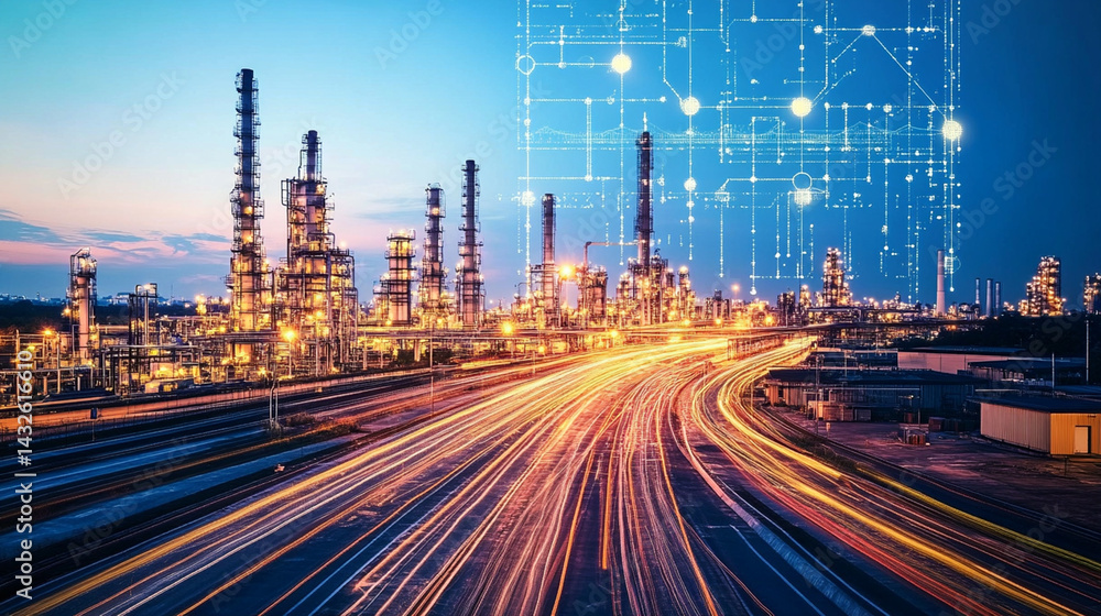 Obraz premium Illuminated Refinery Night Industry Light Trails Digital Overlay