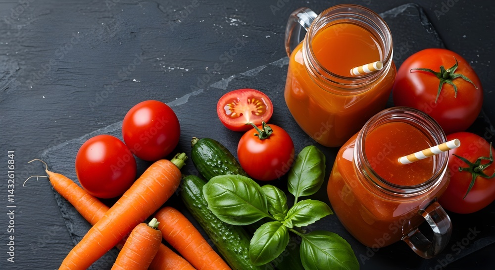 Freshly made tomato and carrot juice in mason jars, surrounded by the ingredients. Healthy and vibrant.