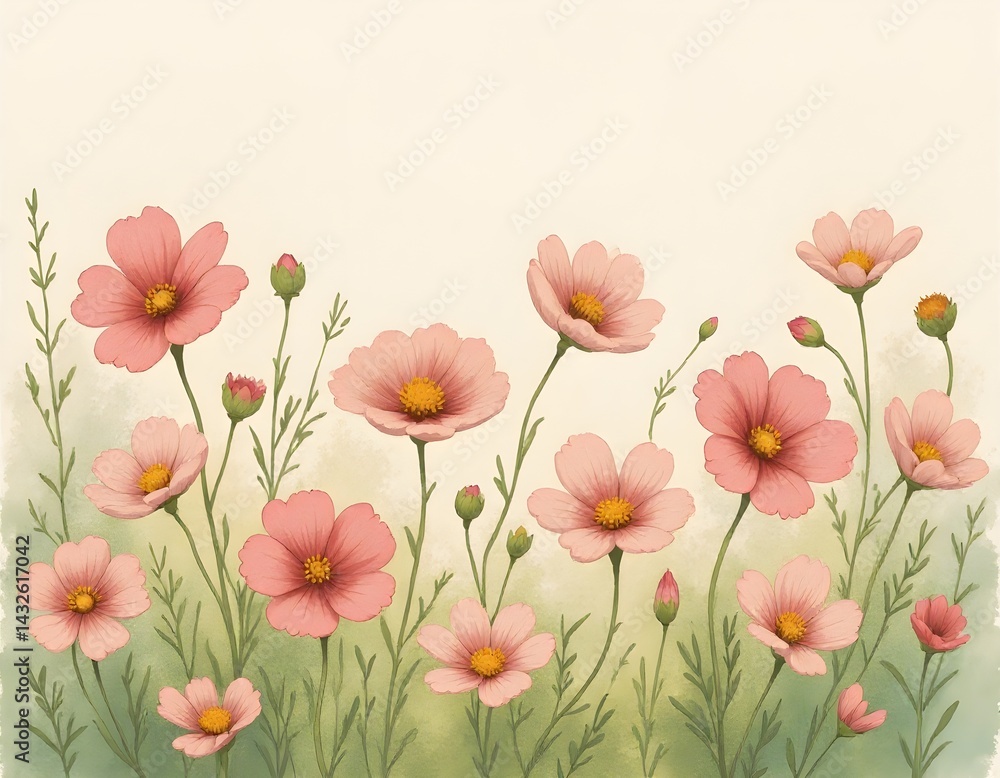 Delicate pink cosmos flowers in full bloom, a serene watercolor illustration.