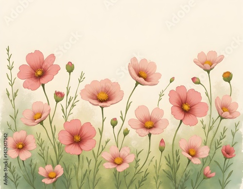 Obraz na płótnie Delicate pink cosmos flowers in full bloom, a serene watercolor illustration. w salonie