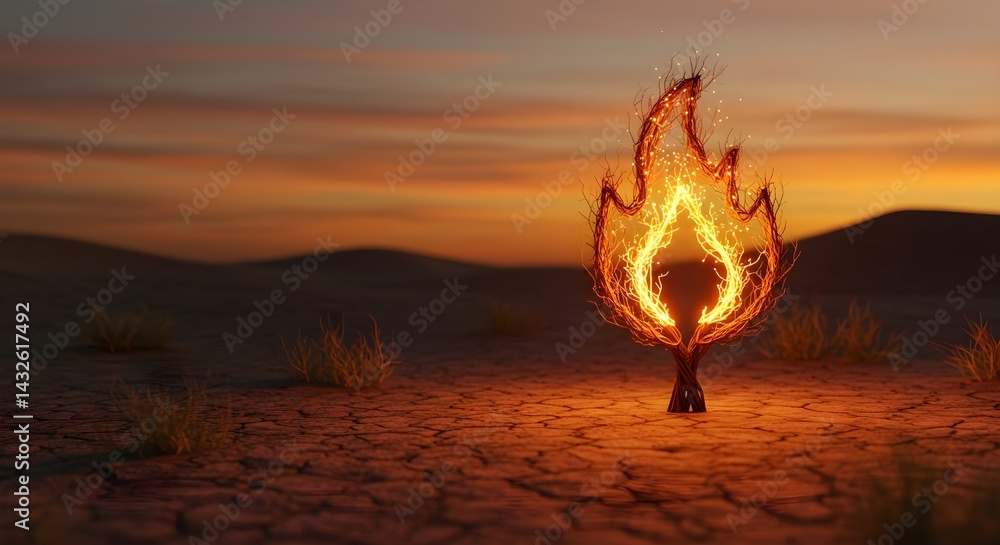 Fiery symbol of hope in a desolate landscape. A glowing flame-shaped sculpture stands against a warm sunset.