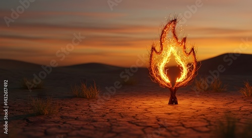 Obraz na płótnie Fiery symbol of hope in a desolate landscape. A glowing flame-shaped sculpture stands against a warm sunset. w salonie