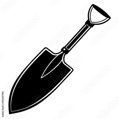 Vector silhouette of a gardening trowel with a curved blade and a long handle  