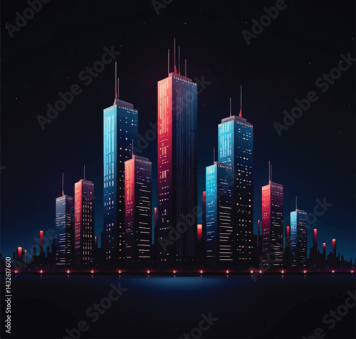 A sleek, stylized vector illustration of a futuristic city skyline at night. Tall, modern skyscrapers with glowing windows in shades of blue and red dominate the scene, 