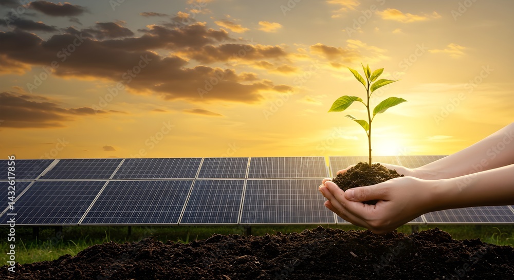 A young plant sprouts from soil in cupped hands against the backdrop of a solar panel field during sunset. A symbol of sustainability and clean energy.