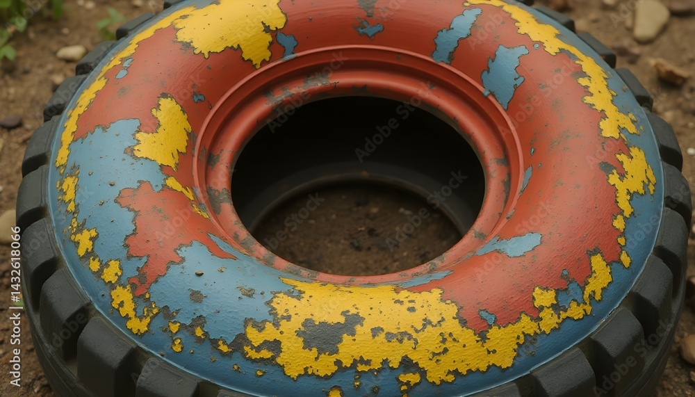 Close-up of a weathered tire painted in red, yellow, and blue, showing its age and texture.