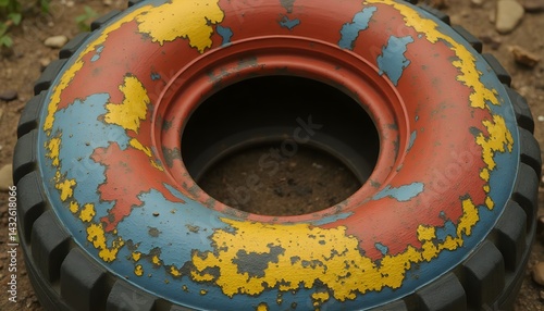 Close-up of a weathered tire painted in red, yellow, and blue, showing its age and texture.