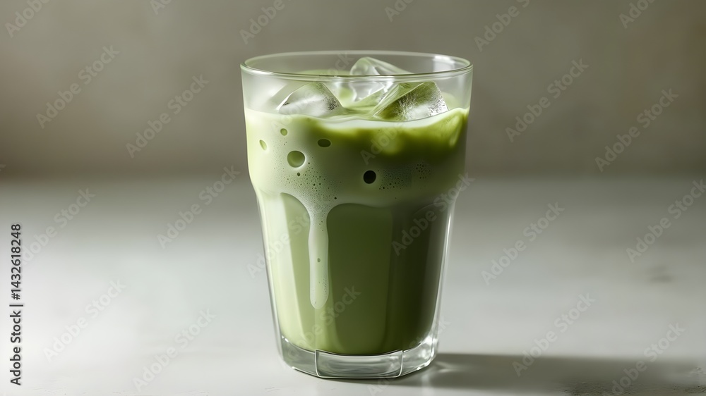 Refreshing iced matcha latte, perfect for a hot day. The vibrant green color and creamy texture make it visually appealing.